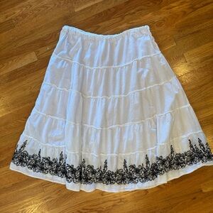 Elegant White Tiered Skirt with Black Embroidery, 3x